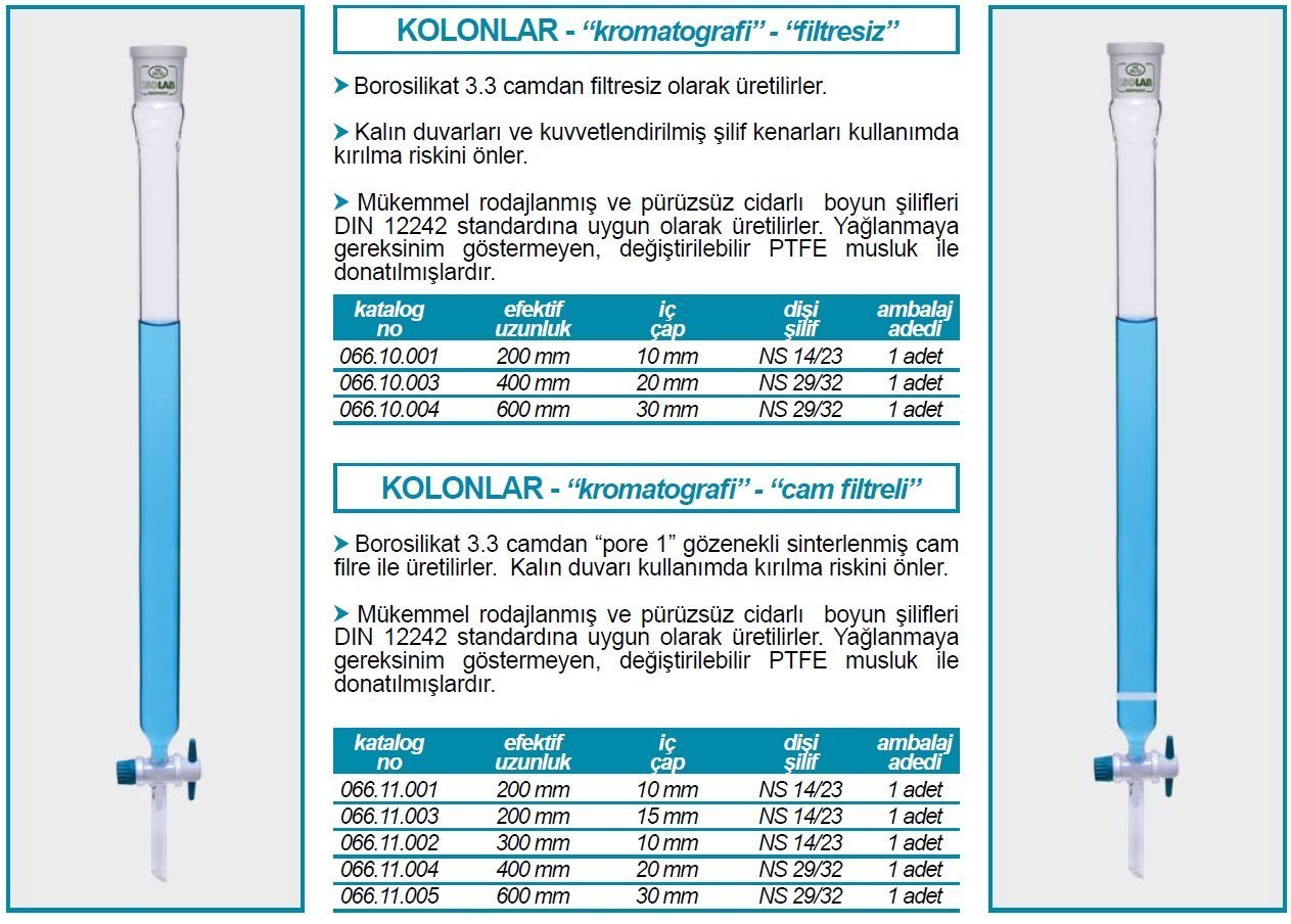 ISOLAB KOLON ''kromatografi” ''filtreli’’ NS 29/32 600 mm Ø 30 mm